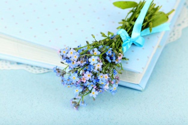 Fleurs de myosotis sur le livre, sur fond bleu
