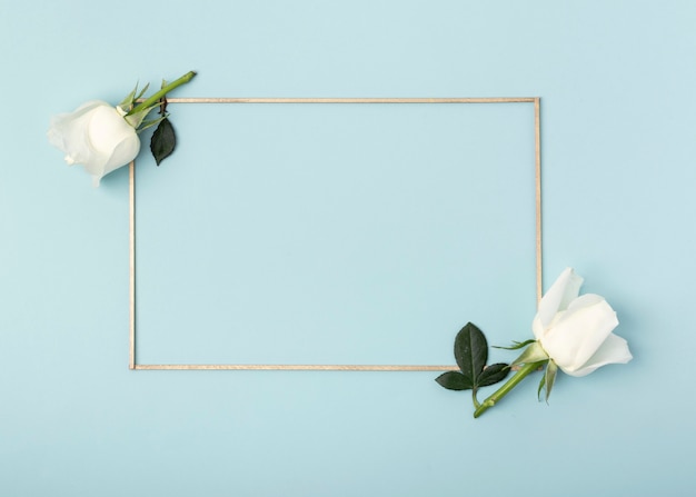 Photo gratuite fleurs roses blanches et cadre sur fond bleu