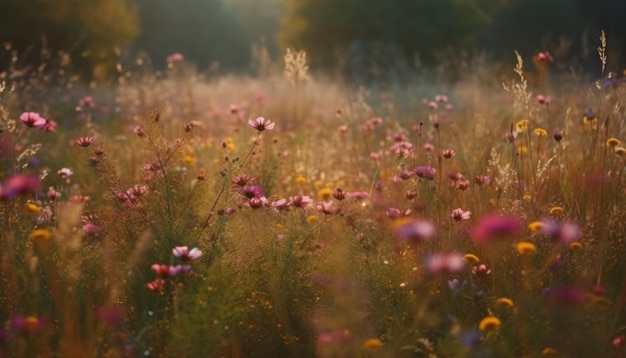 Photo gratuite des fleurs sauvages vibrantes fleurissent dans un coucher de soleil de prairie tranquille généré par l'ia