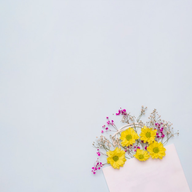 Fleurs Sortant Du Sac En Papier Rose Sur Fond Blanc