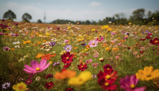 Des fleurs vibrantes s'épanouissent dans la prairie paisible générée par l'IA