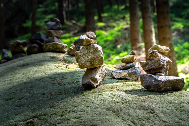 Flou flou des piles de pierre sur un rocher dans le parc naturel de la Suisse bohémienne