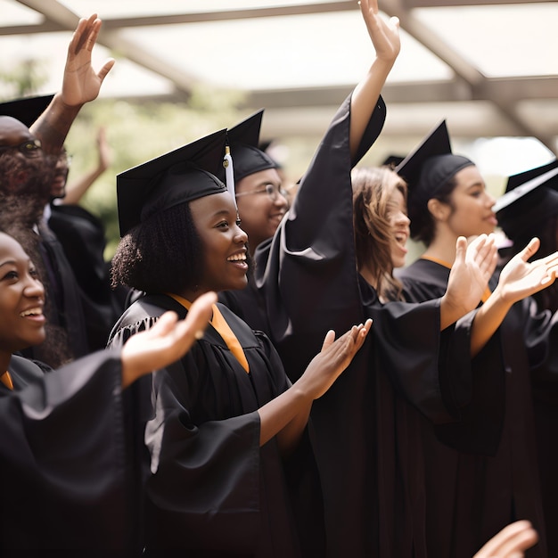 Photo gratuite focus sélectif d'étudiants afro-américains heureux dans des robes de graduation