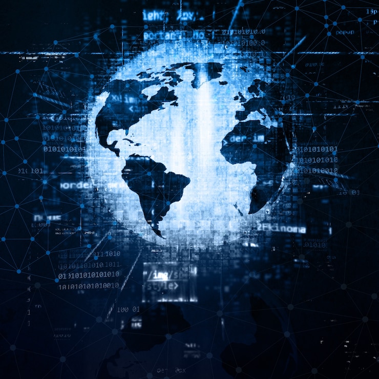 Photo gratuit fond 3d avec globe et code de programmation