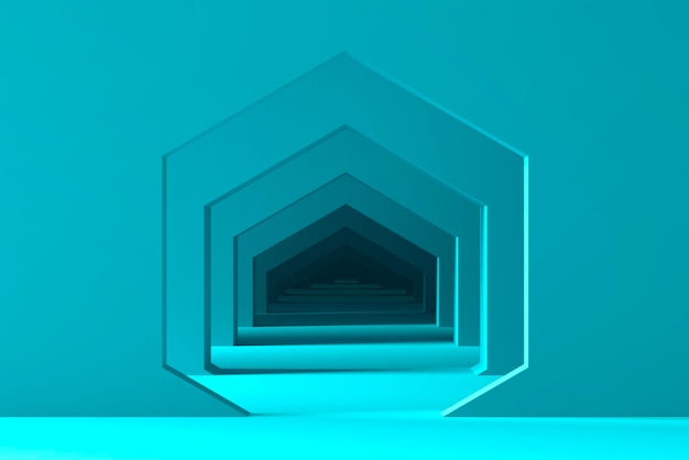 Fond abstrait pastel minimal et maquette pour la présentation et les expositions de produits. arcs hexagonaux hexagonaux dans les murs bleus en perspective et une lumière et une ombre. illustration 3d.