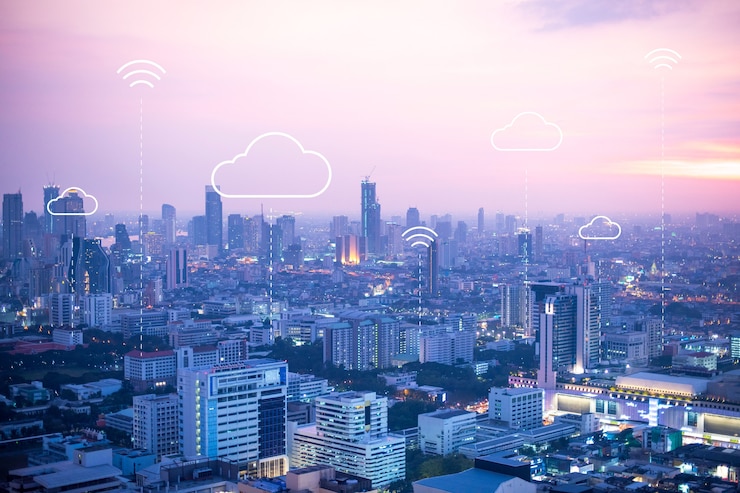 Photo gratuit fond de bannière de cloud computing pour la ville intelligente