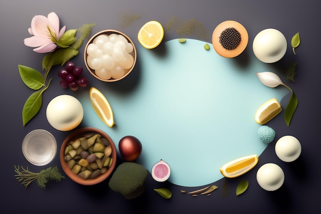 Photo gratuite un fond bleu avec des fruits et légumes