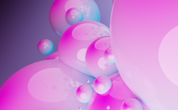 Fond d'écran abstrait de boules colorées et arrière-plan. conception de motifs pour affiche à la mode, flyer, bannière, carte, couverture, brochure. boule pastel, bulles flottant dans l'air, gomme, sphères bleu violet. rendu 3d