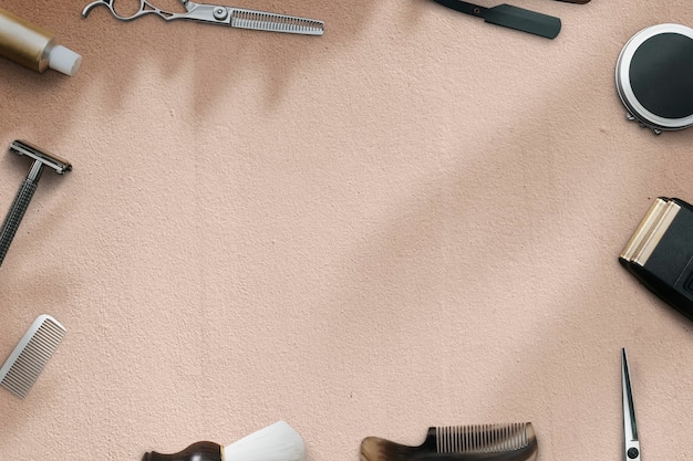 Fond d'écran de barbier beige avec des outils, un travail et un concept de carrière