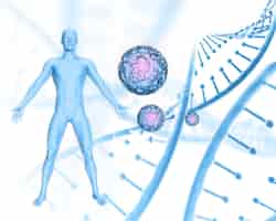 Photo gratuite fond médical 3d avec figure masculine sur des brins d'adn et des cellules virales