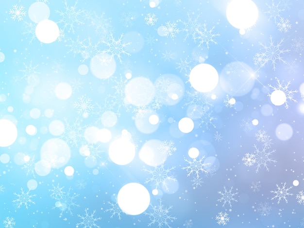 Fond de Noël avec des flocons de neige, des étoiles et des lumières de bokeh