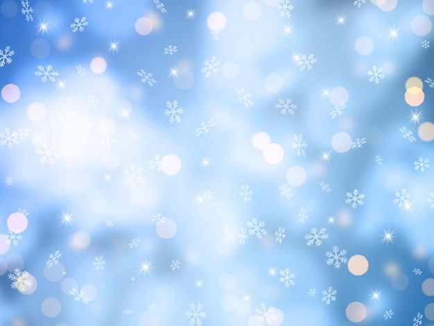 Fond de Noël avec des flocons de neige, des étoiles et des lumières bokeh