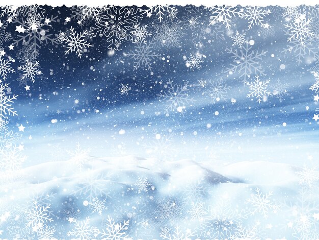 Fond de Noël avec paysage enneigé et bordure de flocon de neige
