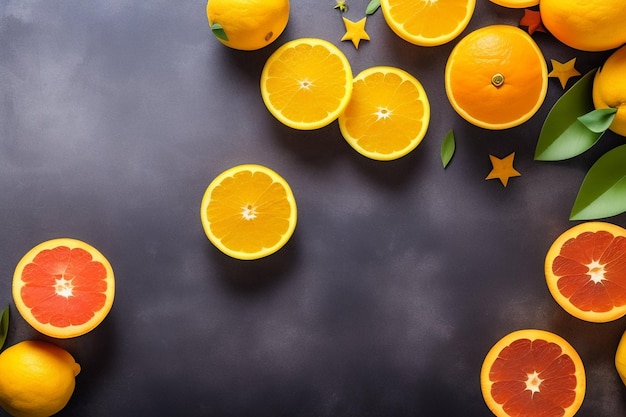 Photo gratuite un fond noir avec des oranges et coupé en deux et un coupé en deux