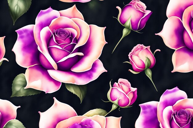 Un fond noir avec des roses et des feuilles roses et violettes