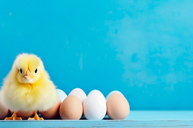 Photo gratuite fond de pâques avec des poussins jaunes et des œufs colorés sur fond de bois bleu