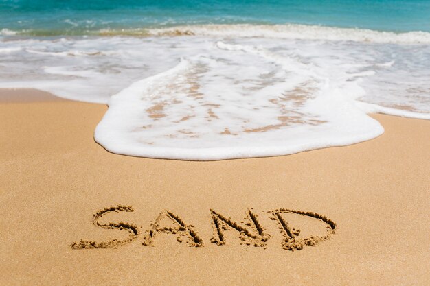 Fond de plage avec du sable écrit dans le sable