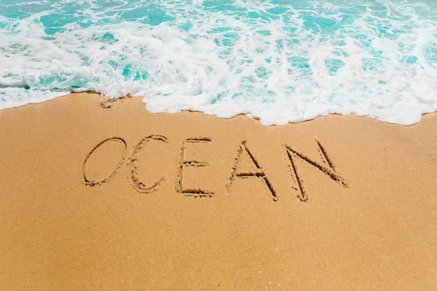 Photo gratuite fond de plage avec océan écrit dans le sable