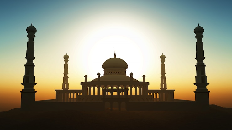 Photo gratuit fond de ramadan 3d avec mosquée contre un ciel coucher de soleil