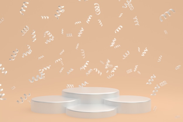 Fond de scène abstrait avec podium blanc sur fond crème, confettis et confettis pour la présentation de produits cosmétiques
