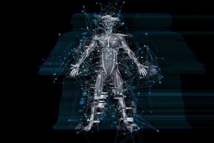 Photo gratuit fond de technologie numérique 3d avec effet de pépin sur la figure médicale masculine
