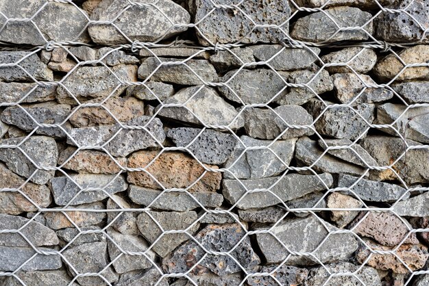 Fond texturé de Gabion, mur de roche avec clôture grillagée.