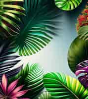 Photo gratuite un fond tropical avec un ciel bleu et une feuille verte avec une fleur rouge au milieu.