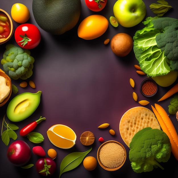 Fond violet avec fruits et légumes, y compris le brocoli