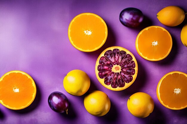 Un fond violet avec des oranges et des fruits violets