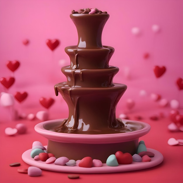 Photo gratuite fondue au chocolat avec coeurs sur fond rose rendu 3d