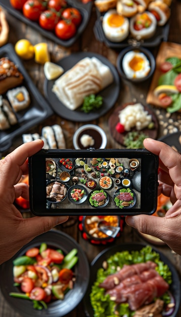 Photo gratuite food content creator filming variety of dishes to upload on the internet