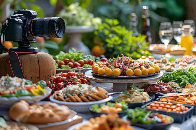 Photo gratuite food content creator filming variety of dishes to upload on the internet