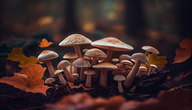 Forêt d'automne bouchent la croissance de champignons comestibles jaunes générée par l'IA
