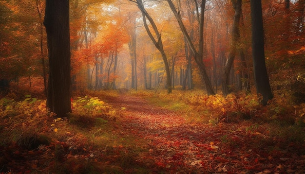 Forêt d'automne vibrante brouillard mystérieux sentier tranquille scène sauvage fantasmagorique générée par l'IA