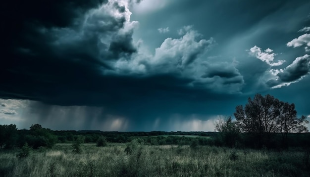 Forêt fantasmagorique au crépuscule, des nuages d'orage inquiétants se rassemblent générés par l'IA