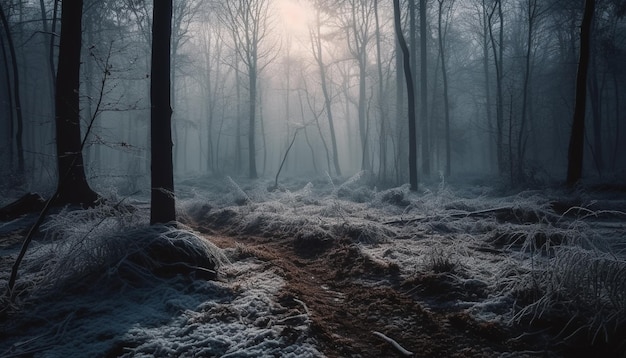 Forêt fantasmagorique brouillard mystérieux aube tranquille attend générée par l'IA