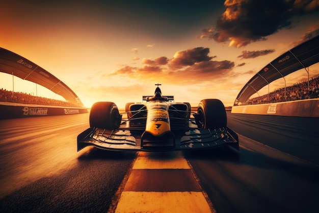 Formule De Course Sur Piste Au Coucher Du Soleil Vue De Face