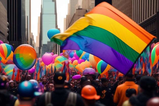 Une foule de gens avec des ballons arc-en-ciel en arrière-plan