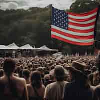 Photo gratuite une foule de gens à un concert devant le drapeau américain.