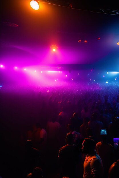 Une foule de personnes est rassemblée dans un club avec une lumière rose et violette.
