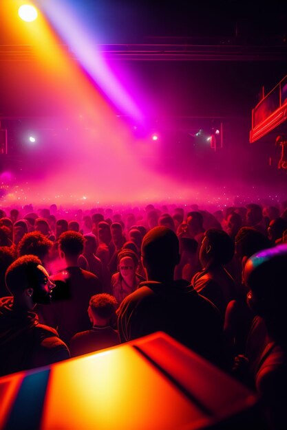 Une foule de personnes se tient dans un club avec des lumières roses et violettes.