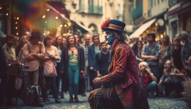 Foule souriante marchant dans les rues illuminées de la ville générée par l'IA