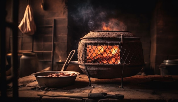 Un foyer avec un pot de nourriture à côté