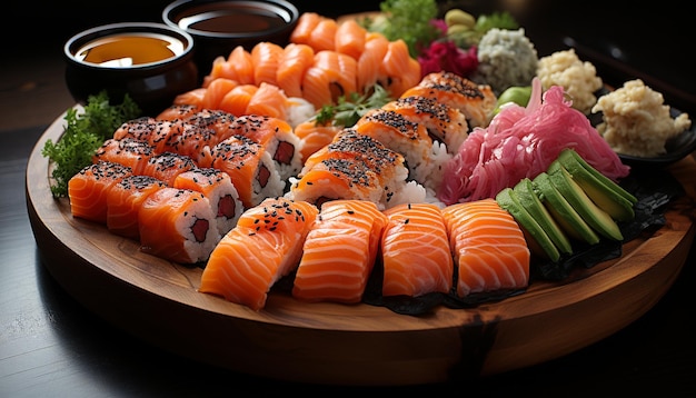 Photo gratuite fraîcheur sur une assiette de fruits de mer sashimi maki sushi avocat riz généré par l'intelligence artificielle