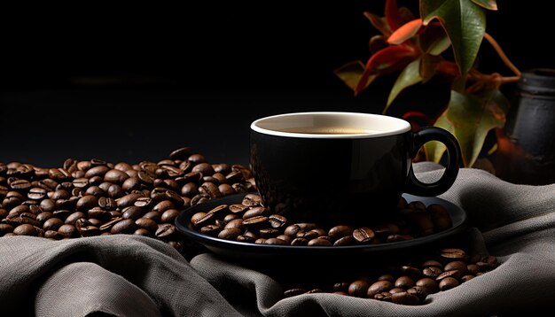 Fraîcheur de la chaleur des grains de café sur une table en bois, rafraîchissement gastronomique généré par l'intelligence artificielle