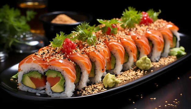 Fraîcheur et cultures enroulées sur une assiette de maki sushi générés par l'intelligence artificielle