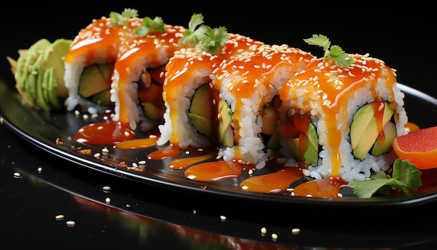 Fraîcheur et cultures enroulées sur une assiette de maki sushi générés par l'intelligence artificielle