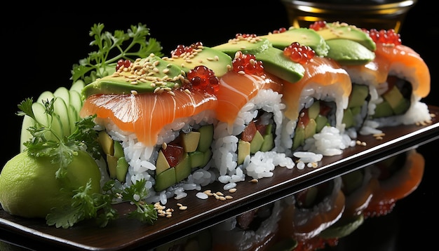 Photo gratuite fraîcheur et cultures enroulées sur une assiette de sashimi généré par l'intelligence artificielle