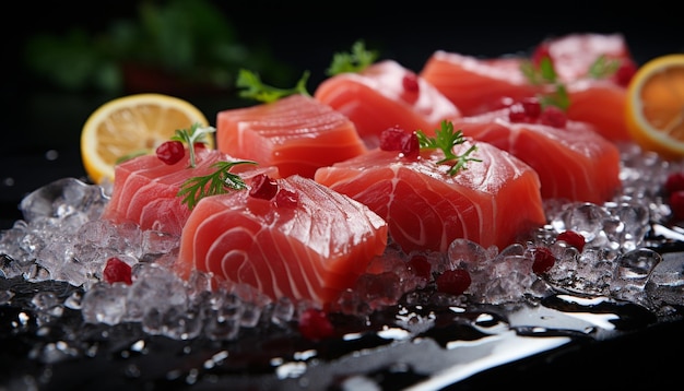 Fraîcheur et tranche gourmande de sashimi de filet de fruits de mer au citron généré par l'intelligence artificielle