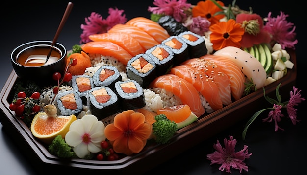 Photo gratuite fraîcheur et variété dans une assiette : la culture du sushi au japon générée par l'intelligence artificielle